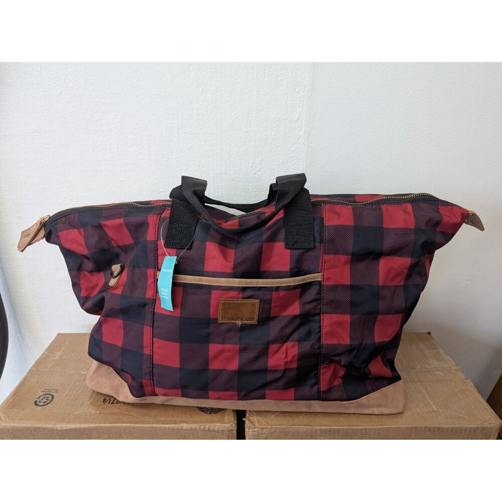 Maurices Buffalo Plaid Overnight Bag Red Black Detached Shoulder Strap Tote